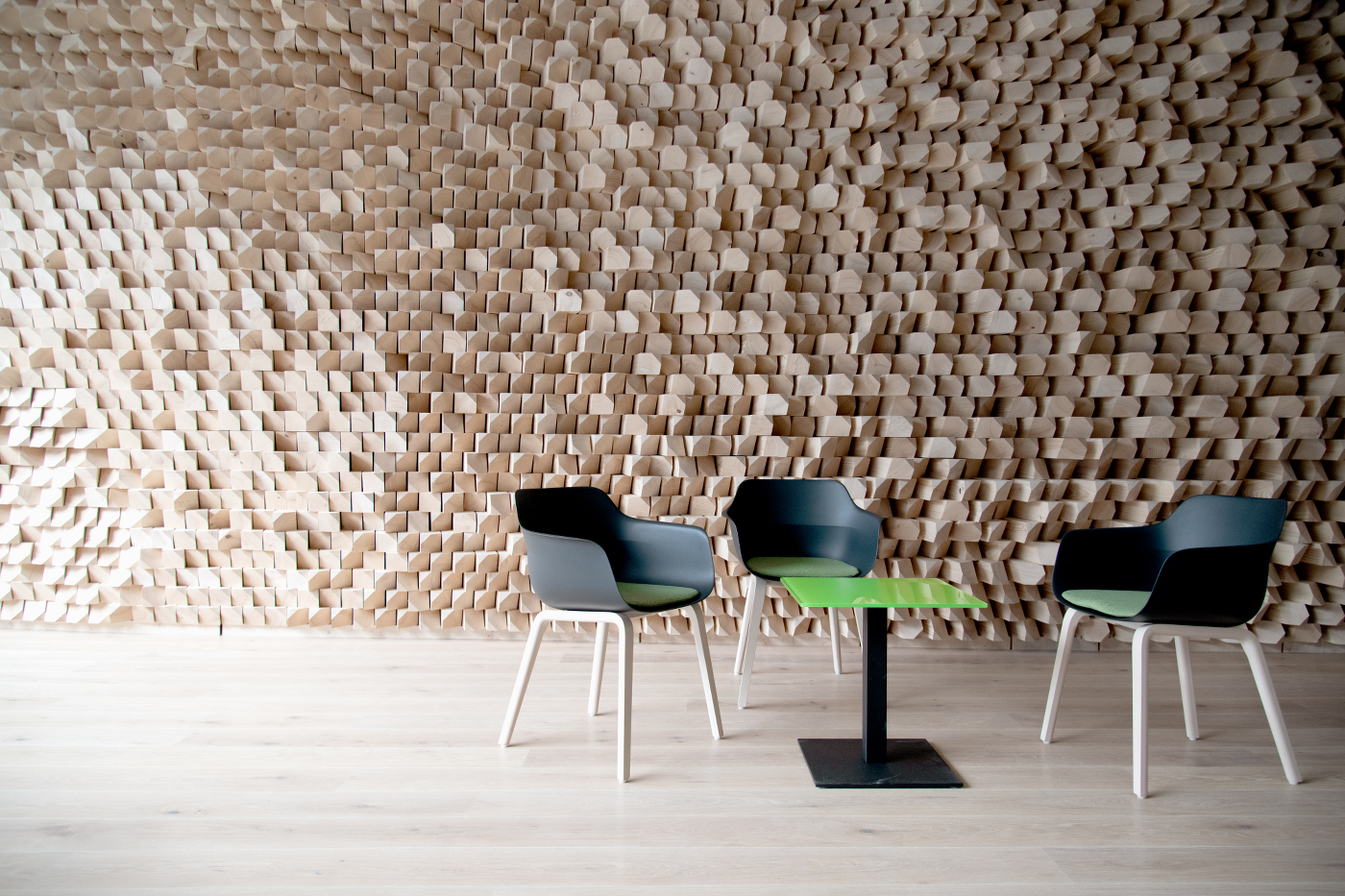 Acoustic timber wall at Basler & Hofmann AG in Switzerland, photo credit: Gramazio Kohler Research